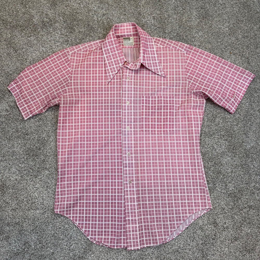 Vintage Montgomery Ward Mens Red White Grid Check Short Sleeve Disco Shirt 15.5